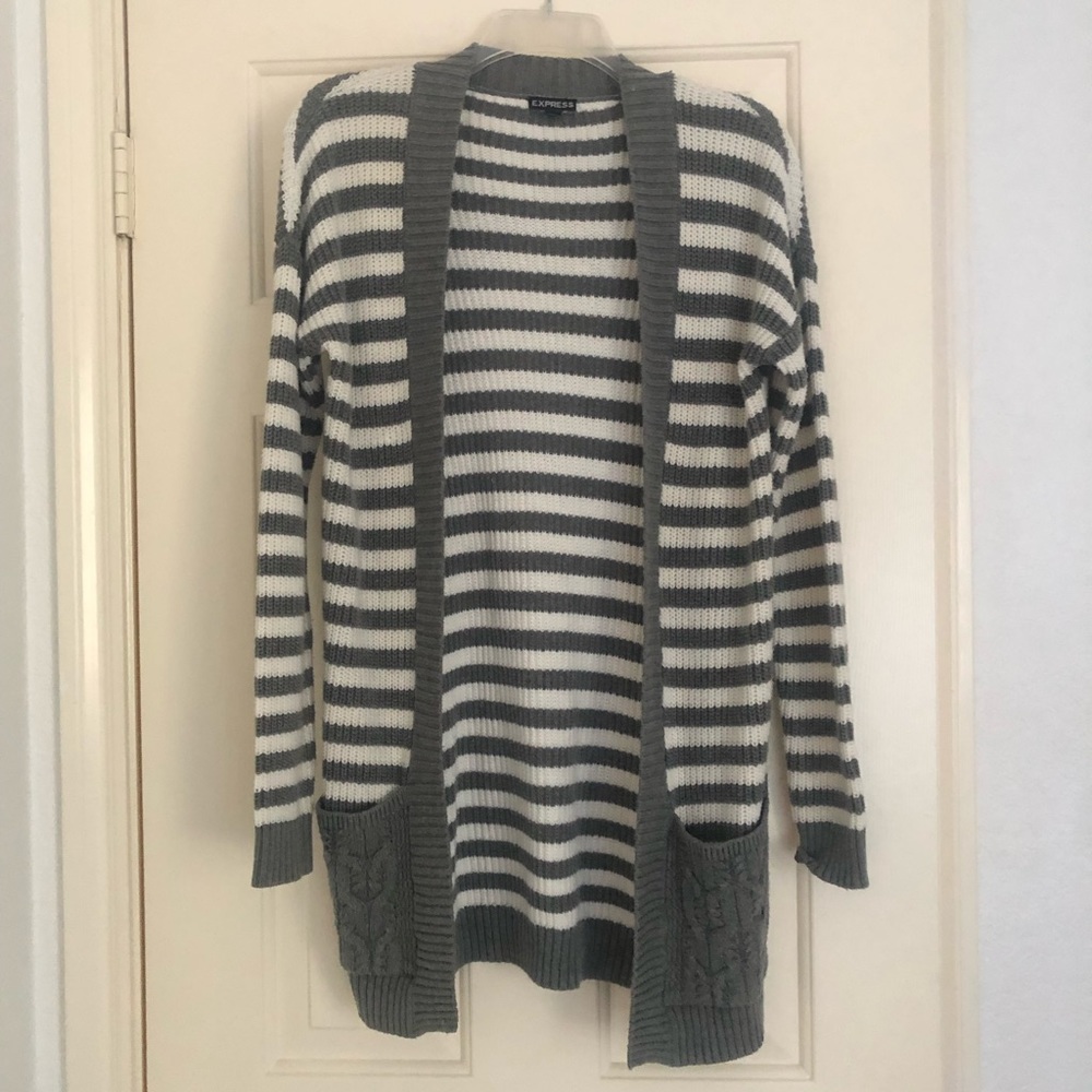 Express Long Cardigan Gray Ivory Striped XS